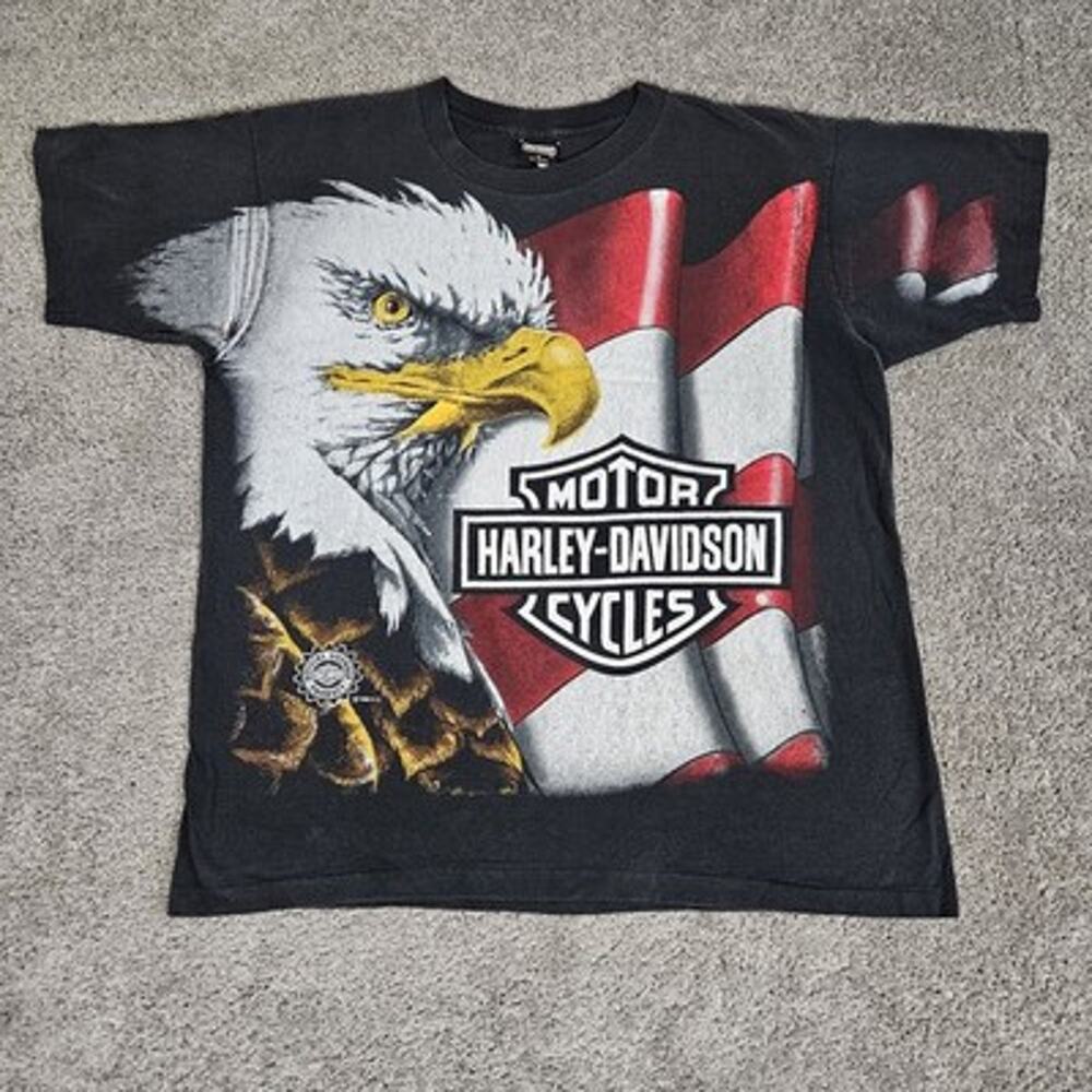 Vtg Harley Davidson T-Shirt Men's Large Black American Bald Eagle Flag 90s Biker